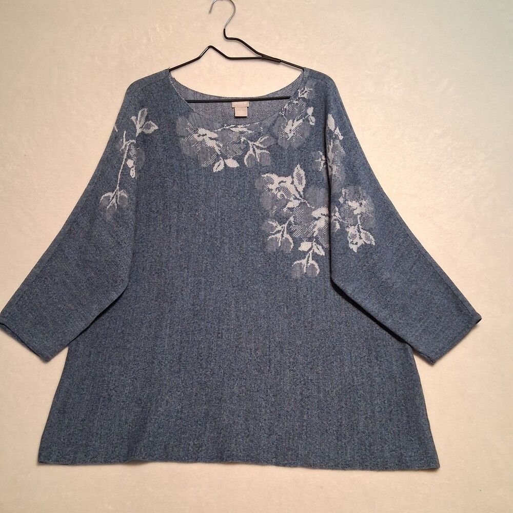 Chicos 3 (XL) Sweater Blue Floral Jacquard Regency Classic Whimsical Cottagecore